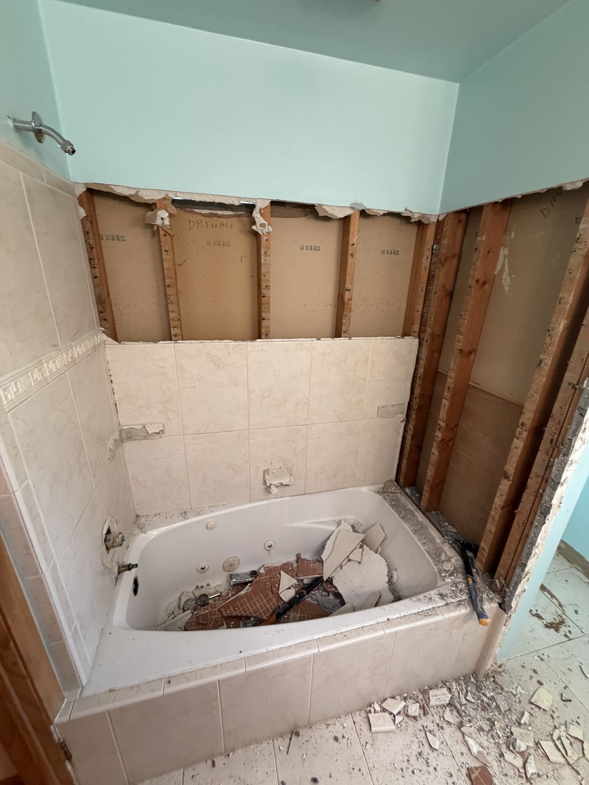 Bathroom tub left in place while the surrounding walls are opened to the studs